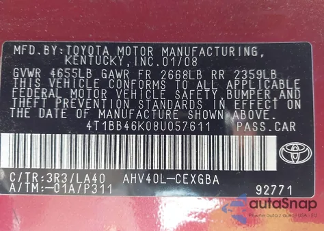 2008 Toyota Camry Hybrid z USA, uszkodzony, nr VIN 4T1BB46K08U057611
